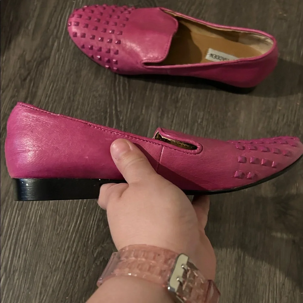 Steve Madden Hot Pink Studded Slip-On Loafers - Picture 2 of 5
